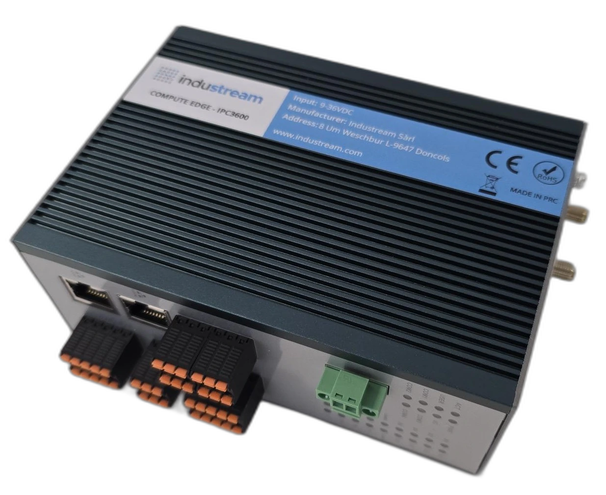 Industream Compute Edge IPC3600 · ruggedized industrial edge compute, DIN rail, 9-36 VDC